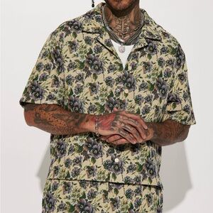 In The Bloom Cropped Tapestry Short Sleeve Button Up Shirt - Multi Color